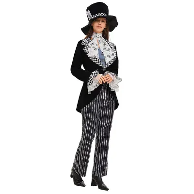 コスプレ衣装 レディース ハロウィン アリス 不思議の国 マッドハッター 演出服 マジシャン 白黒ストライプ フリル袖 ステージ衣装 イベント パーティー 仮装 舞台劇 余興