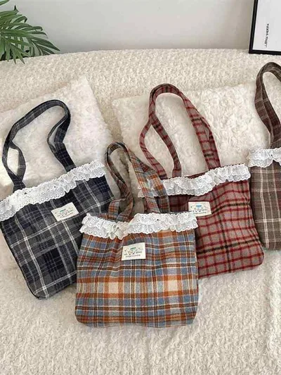 トートバッグ レディース ショルダーバッグ チェック柄 レース フリル かわいい ウール調 キャンバス 手提げバッグ 縦型 肩掛け 大容量 通学 通勤 お出かけ カジュアル 春夏秋冬