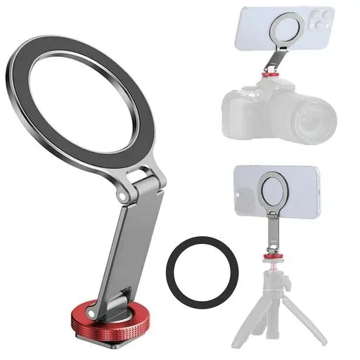 magsafe用スマホホルダー コールドシュー付き カメラマウント 磁気マグネット式 スマホ三脚ホルダー 1/4インチネジ穴 角度調整 折りたたみ式 アルミ製 カメラや三脚、自撮り棒などに取り…