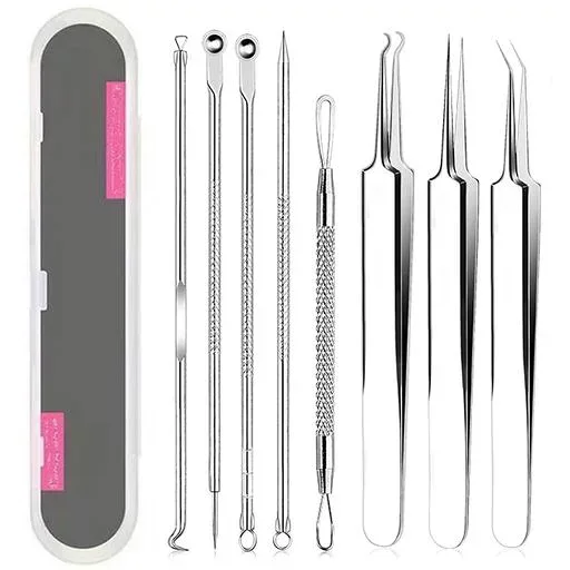 KKYOYRE 角栓取り ニキビ取り 毛抜き 8本セット 収納ケース付き 毛穴ケア専用キット 精密 抗菌ステンレス ニキビ針 黒ずみ取り 携帯便利 いちご鼻 黒ずみ 毛穴ケア