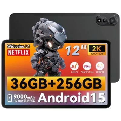 Blackview MEGA2 タブレット 12インチ、Android 15、Wi-Fiモデル、2K解像度 2000x1200、36GB RAM+256GB ROM+2TB拡張可能、9000mAh バッテリー、8コア CPU、Widevine L1対応