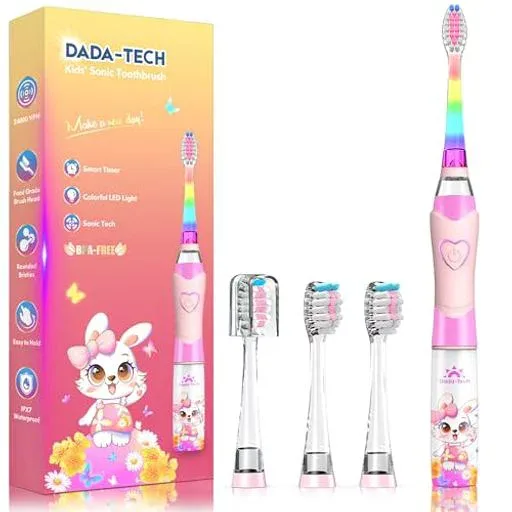 電動歯ブラシ 子供用、2歳から12歳の男の子と女の子向け、レインボーライトと2分間のタイマー、4つのブラシヘッド付き 子ども 電動歯ブラシ (ピンク・バニー)