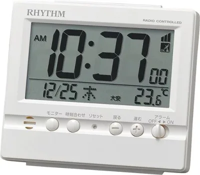 リズム(RHYTHM) 電波時計 目覚まし時計 アラーム 温度 カレンダー 白 9.1x10.5x5.2cm 8RZ201SR03