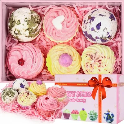 Furuix バスボム 6個ギフトセット バスボール お風呂 炭酸入浴剤 香り爆弾 入浴剤 プレゼント 誕生日 おしゃれ 女性 可愛い お菓子の模様 クリスマス 母の日 バレンタインデー BOX付