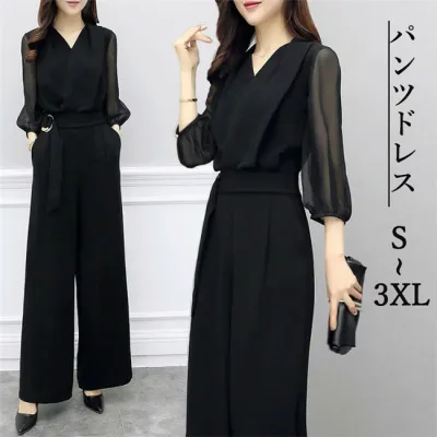 パンツドレス オールインワン サイズ展開 S-3XL 着るだけで美しいシルエット 痩せみえ効果 結婚式 二次会 ママ コーデ パンツドレス 大きいサイズ パーティードレス 着痩せ スタイル スッキリ 脚長効果 ad121c0c0x5