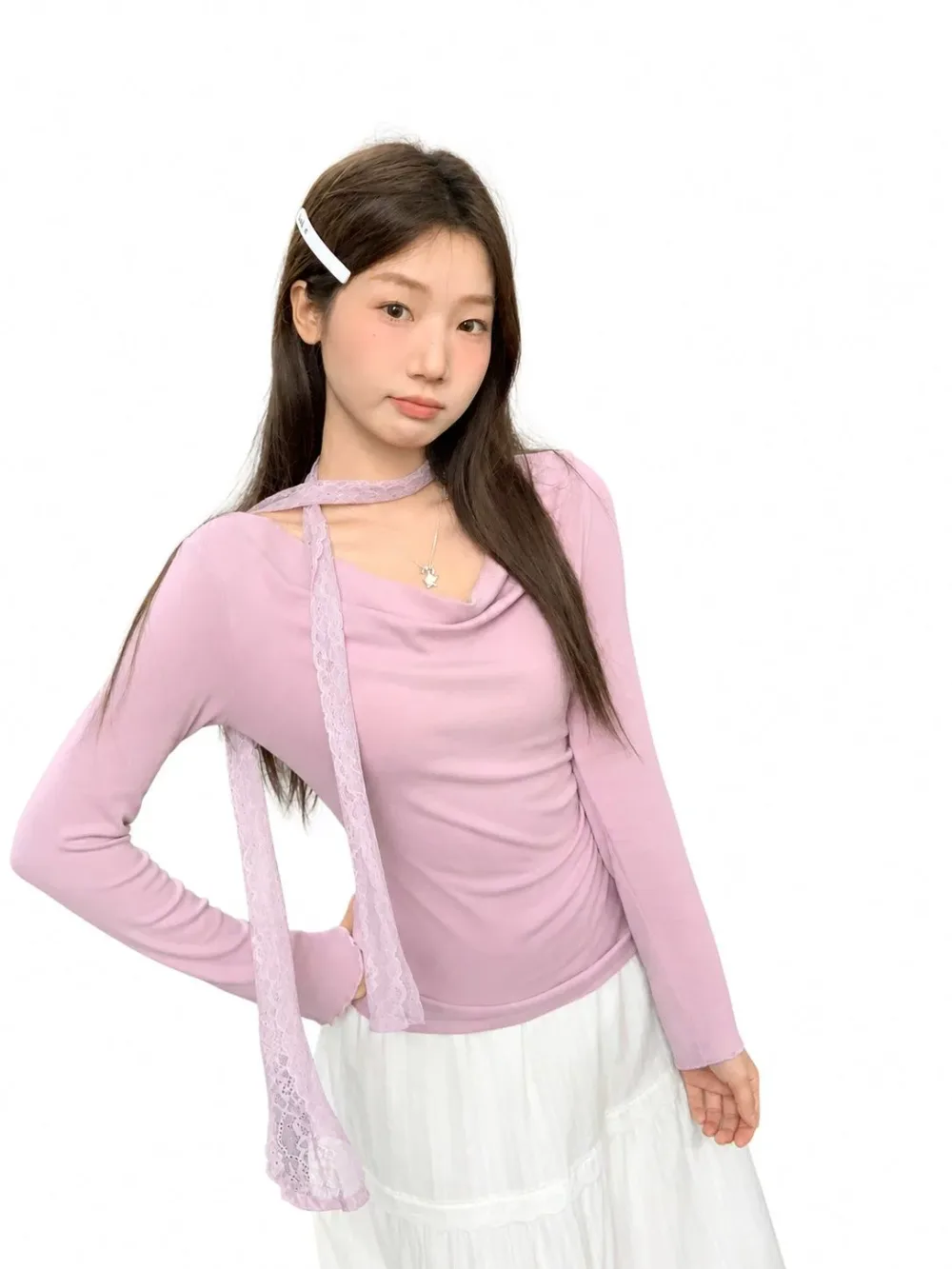 長袖Tシャツ レディース カットソー チョーカー付き トップス オフショル アシンメトリー ドレープ タイト 着痩せ レース フリル きれいめ 大人可愛い フェミニン 春 秋 インナー 伸縮性 ストレ
