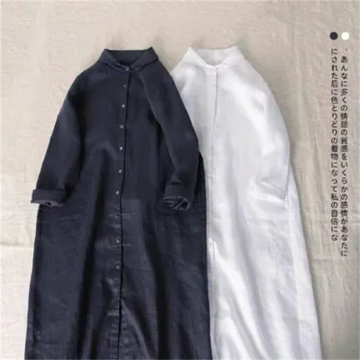 リネン シャツワンピース バンドカラー 春 秋 コットン ワンピ シャツ 長袖