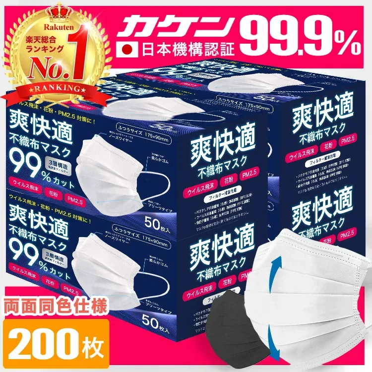 マスク 不織布 白 黒 200枚 50枚 4箱 不織布マスク プリーツマスク 大人 子供 使い捨てマスク ウイルス 花粉 PM2.5 99%カット ホワイト ブラック Sokaiteki Premium 送料無料