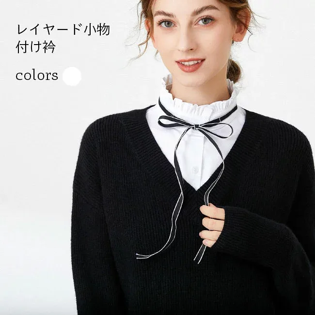 【店内クーポン配布中★最大600円OFF】 付け襟 レディース レイヤード 付け衿 ボウタイリボン 縦フリル フリルブラウス 衿 重ね着風 ゴスロリ つけえり 姫系 付けえり リボン付き ロリータ コスプレ ファッション小物 ホワイト