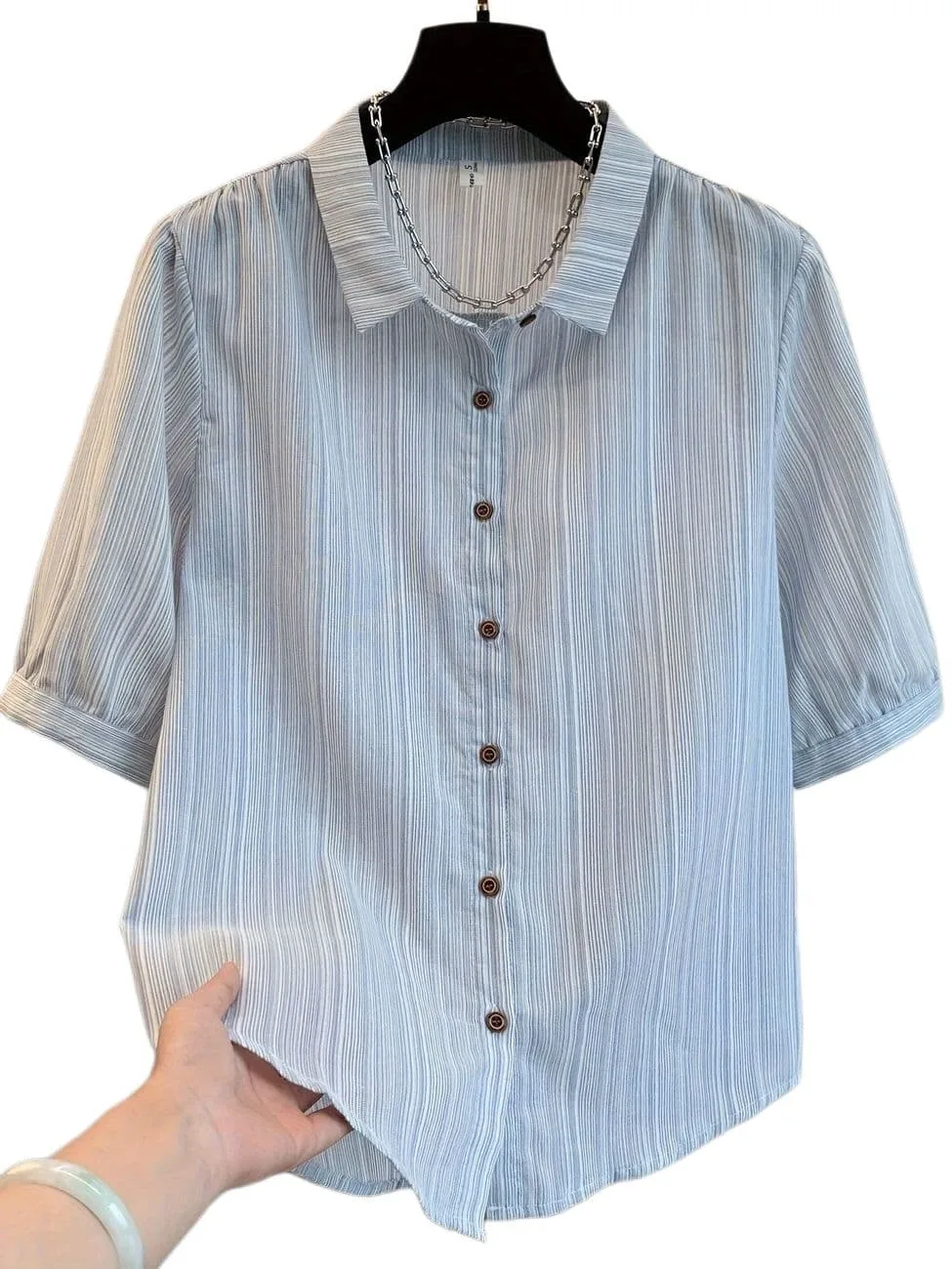 【店内クーポン配布中★最大600円OFF】 シャツ レディース 半袖 ブラウス ストライプ柄 襟付き 5分袖 春夏 トップス ゆったり 体型カバー きれいめ カジュアル オフィス 通勤 大人可愛い 前開き コットン さらさら
