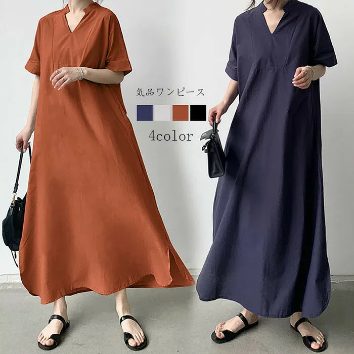 【店内クーポン配布中★最大600円OFF】 シャツワンピースレディースワンピース夏半袖ロングワンピース無地きれいめ大きいサイズロングAラインVネック着痩せゆったりパーティーカジュアル大人可愛い体型カバー涼しい上品?