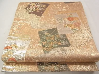 平和屋着物◎六通柄袋帯 唐織 色紙重ね草花文 金銀糸 逸品 CAAE5707vf