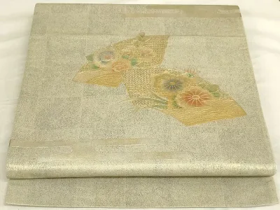 平和屋着物◎太鼓柄袋帯 地紙重ね草花文 金銀彩 引箔 正絹 逸品 AAAM4166Asg