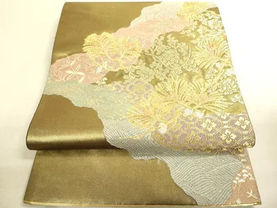 平和屋着物●六通柄袋帯 道長つなぎ松 金糸 引箔 正絹 逸品 DAAJ5572du
