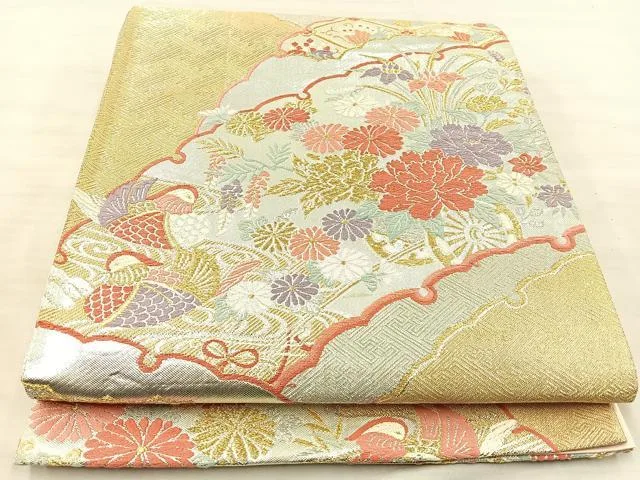 平和屋着物◎六通柄袋帯 唐織 鴛鴦花車文 金銀糸 正絹 逸品 BAAQ6323if