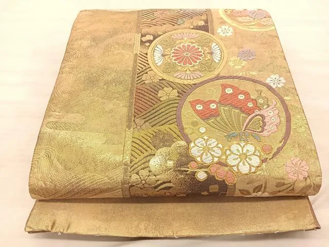 平和屋着物◎六通柄袋帯 唐織 慶長重ね 献上菊花蝶文 金糸 正絹 逸品 BAAS9962du