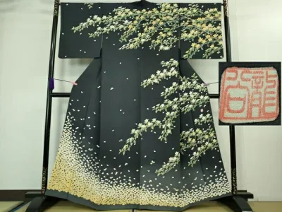 平和屋本店●極上 名門染元 秀美 十日町友禅 龍谷 訪問着 枝桜 花弁 藍鉄色地 暈し染め 逸品 DZAA8196kh5