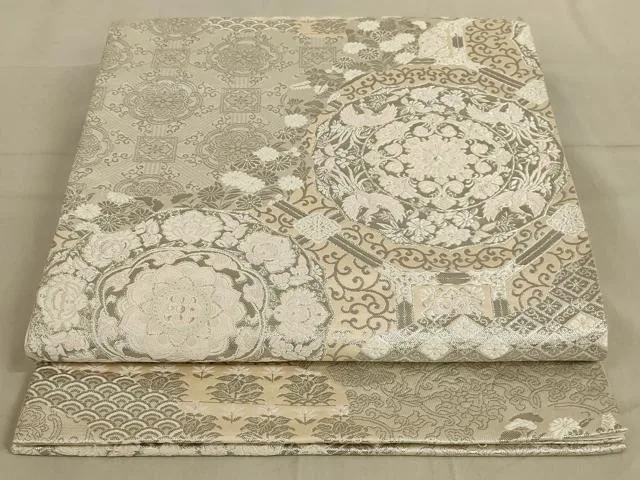 平和屋着物◎六通柄袋帯 鳳凰花文 銀糸 正絹 逸品 AABB0665ou