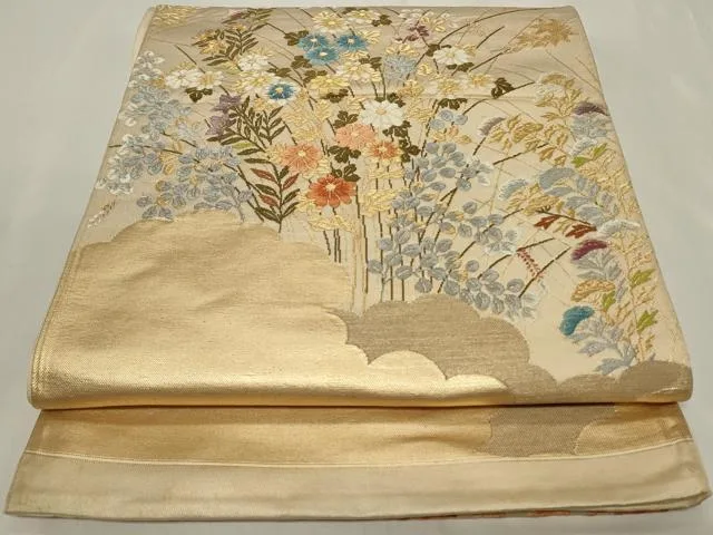 平和屋着物◎六通柄袋帯 唐織 雲取り草花文 金糸 正絹 逸品 CAAY8877in