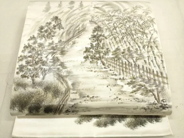 平和屋着物◎太鼓柄袋帯 手描き 風景文 銀糸 正絹 逸品 DAAX2455xg