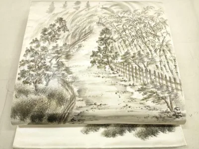 平和屋着物◎太鼓柄袋帯 手描き 風景文 銀糸 正絹 逸品 DAAX2455xg