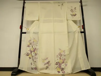 Heiwaya Kimono *Summer visiting wear, silk, flower pattern, silver color, pure silk, masterpiece AABD4607jd