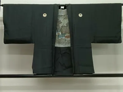 平和屋着物∞男性 羽織 黒紋付 羽裏:風景文 正絹 逸品 CABD4424ua