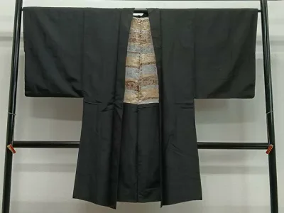 平和屋着物∞男性 長羽織 黒紋付 羽裏:花鳥文 正絹 逸品 CABC3170ua