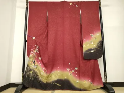 平和屋着物●豪華振袖 駒刺繍 女人御所車花文 暈し染め 金彩 正絹 逸品 AABG4940ck