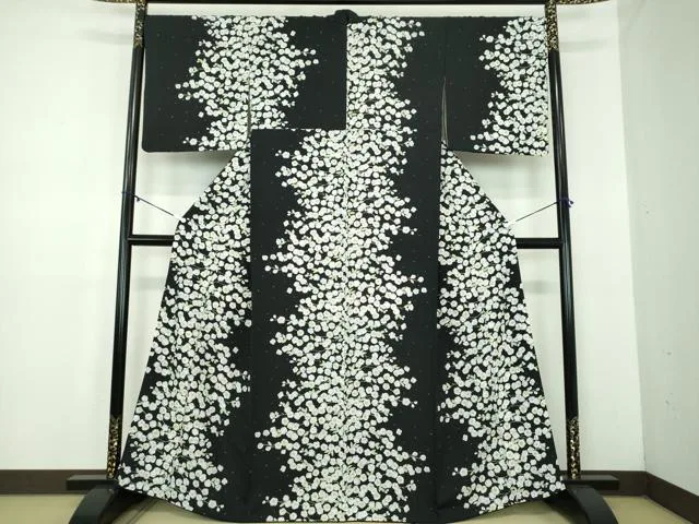 平和屋着物●上質な小紋 辻が花 黒地 正絹 逸品 DABD1613ps