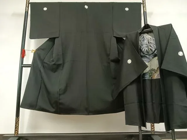 平和屋着物●男性 黒紋付 羽織セット 正絹 逸品 AABH5073fy