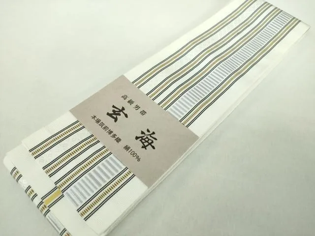 平和屋着物●男性 本場筑前博多織 両面 角帯 玄海 献上 井上絹織謹製 博多金ラベル 証紙付き 正絹 逸品 未使用 DABE5218ps