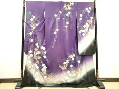 平和屋着物●豪華振袖 舞蝶枝垂れ桜 暈し染 金銀彩 銀通し地 正絹 逸品 DABF2263fe