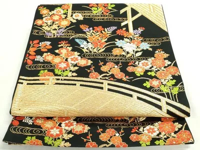 平和屋着物◎六通柄袋帯 渡橋流水花文 黒地 金糸 正絹 逸品 DABF8298we