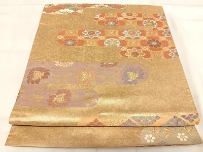 平和屋着物◎六通柄袋帯 唐織 三霞雲裂文 金糸 正絹 逸品 AABJ0376yx