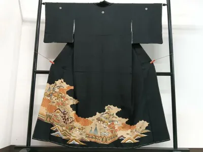 平和屋着物■豪華黒留袖 駒刺繍 風景文 金彩 正絹 逸品 CABH4280xe