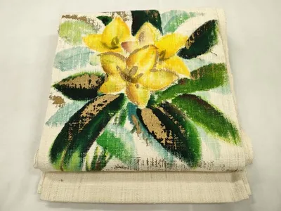 平和屋着物●八寸名古屋帯 手描き 紬地 草花文 正絹 逸品 CABJ2216dy