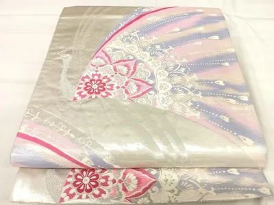 平和屋着物◎両面 全通柄袋帯 唐織 孔雀花文 銀糸 正絹 逸品 AABJ0733yx