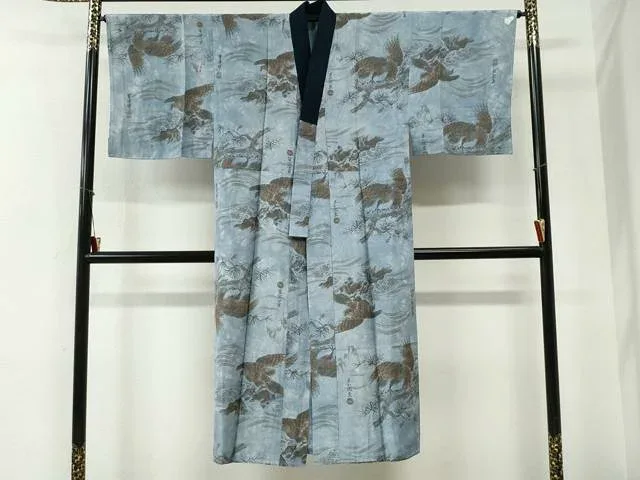 平和屋着物●男性 長襦袢 袷 手描き 鷹 さが美扱い 正絹 逸品 未使用 CABG0878yc