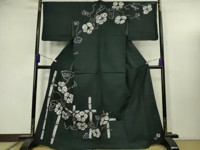 平和屋着物∴極上 夏物 浴衣 有松鳴海絞り 朝顔 黒地 綿 逸品 DZAB7502kh6