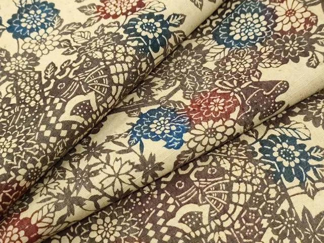 平和屋着物●上質な小紋 紬地 型染め 草花文 正絹 逸品 CABI3490yc