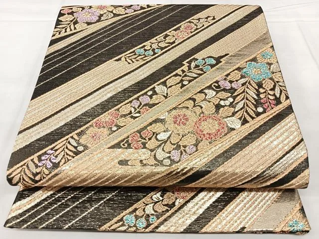 平和屋着物◎六通柄袋帯 草花文 金糸 正絹 逸品 未使用 BAAX5396qw