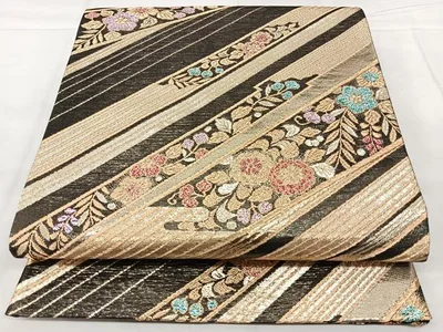 平和屋着物◎六通柄袋帯 草花文 金糸 正絹 逸品 未使用 BAAX5396qw