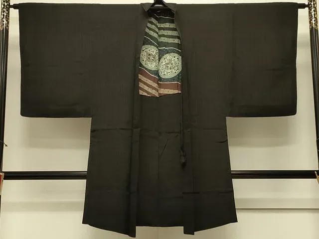 平和屋着物#男性 長羽織 間道 黒地 正絹 逸品 CABL3027in
