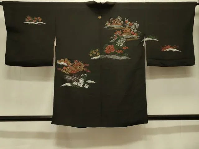 平和屋着物#羽織 寿光織 風景花文 黒地 銀糸 正絹 逸品 CABK3579in