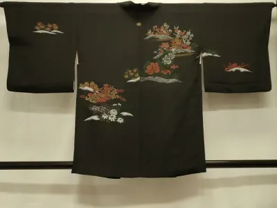 平和屋着物#羽織 寿光織 風景花文 黒地 銀糸 正絹 逸品 CABK3579in