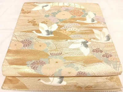 平和屋着物◎六通柄袋帯 唐織 飛鶴松梅草花文 金銀糸 正絹 逸品 AABL5697yx