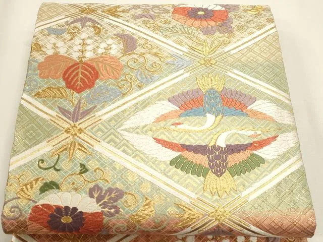 平和屋本店▼六通柄袋帯 唐織 双鶴花文 純金箔経佐賀錦 正絹 逸品 DABK5597sf