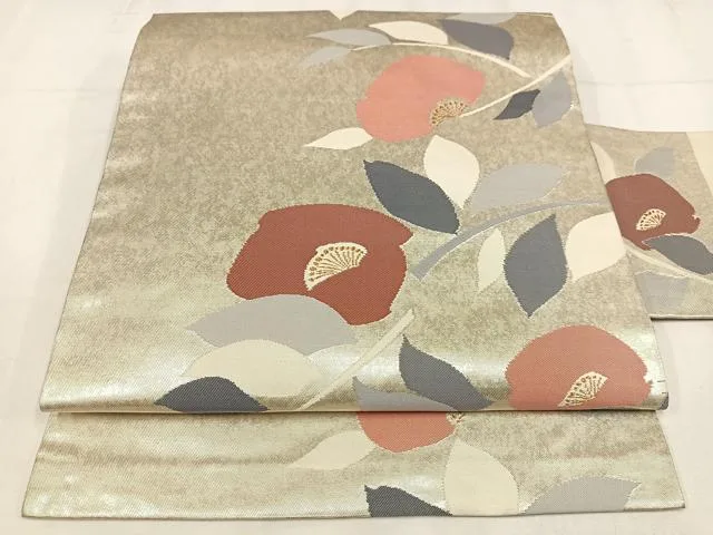 平和屋着物◎九寸名古屋帯 枝花文 金銀糸 正絹 逸品 AABM2793bw