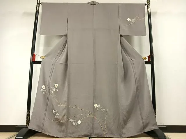 平和屋着物●訪問着 駒刺繍 枝花文 金彩 鬼しぼ縮緬 正絹 逸品 未使用 AABM4081fy